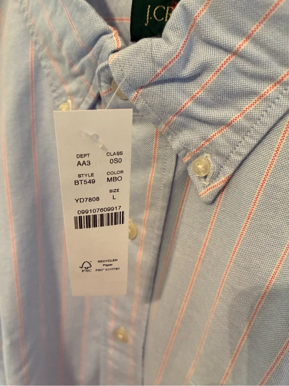 J. Crew Men’s Light Blue Oxford Shirt with Red Stripe. Giant Fit. Size L. New.